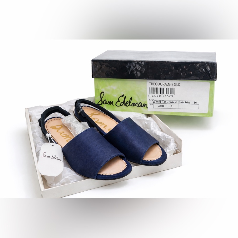 Sam Edelman Theodora Navy Silk Slide Sandals Size 6 NIB Open Toe Flat
